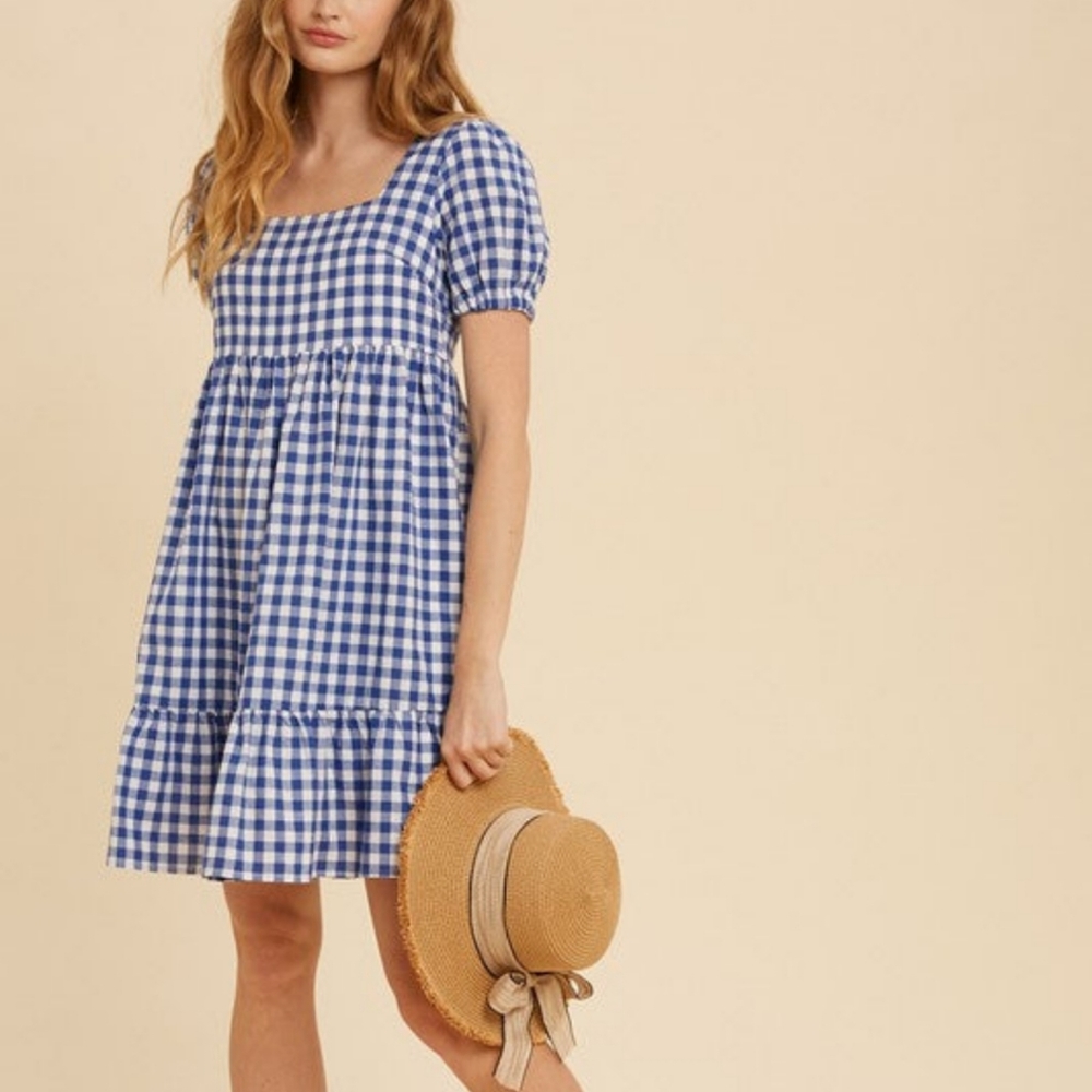 GINGHAM PRINT SQUARE NECK DRESS